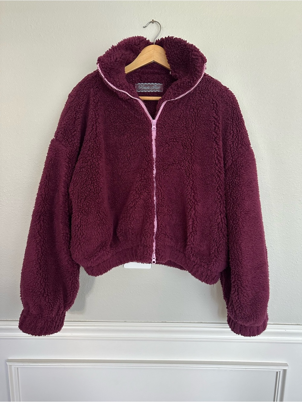 Kimchi Blue Urban Outfitters Plush ZipUp Jacket in Deep Berry w/ Light Pink Trim